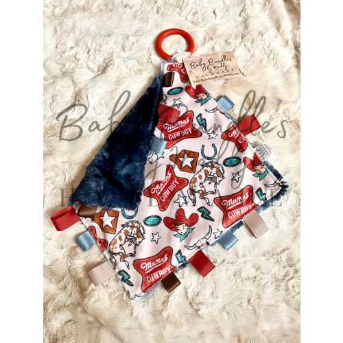 Mama’s Cowboy Cuddle Minky Tag Lovey with Silicone Teething Ring / Sensory Tag Toy / Ribbon Baby Blanket / Western Baby Shower Gift