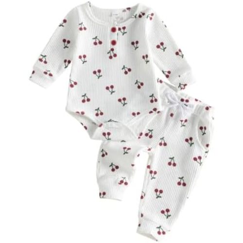 Baby Girl Fall Outfit Waffle Cherry Print Long Sleeve Romper and Pants