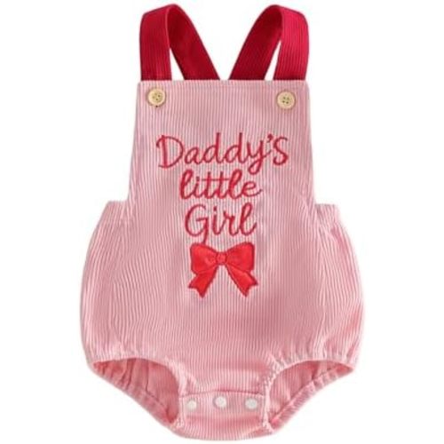 Lamuusaa Newborn Baby Girl Summer Clothes Aunties Bestie/Daddys Girl Embroidery Romper Backless Bodysuit Corduroy Overalls