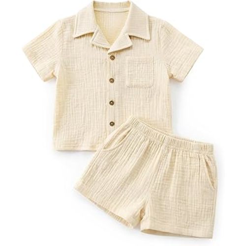 XMWEALTHY Toddler Baby Boy Summer Clothes Color Block Short Sleeve Button-down Shirt Tops + Cotton Pants Outfit Set