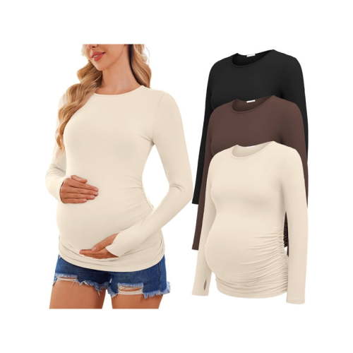 Weardear 3 Pack Maternity Shirts Long Sleeve Side Ruched Pregnancy Workout Tops with Thumb Hole Casual Crew Neck Tshirts for Women