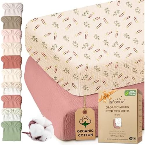 100% Organic Cotton 2 PK Baby Muslin Crib Sheets for Girl 28x52 in