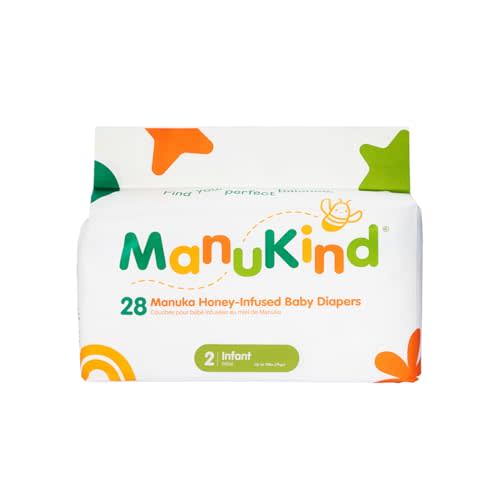 ManuKind Baby Diapers Size 2 (8-15 lbs), Manuka Honey Infused, Hypoallergenic Ultra Soft Disposable Diapers for Sensitive Skin, Fragrance & Chlorine Free, Plant-Based, 28 Count