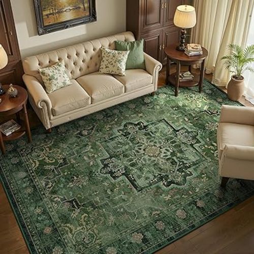 Dark Green Tranditonal 6x9 Area Rugs for Living Room, Vintage Distressed Medallion Printed Low Pile Thin Rugs for Bedroom, Washable Non Slip Soft Carpet for Dining Room Home Office Guest Room