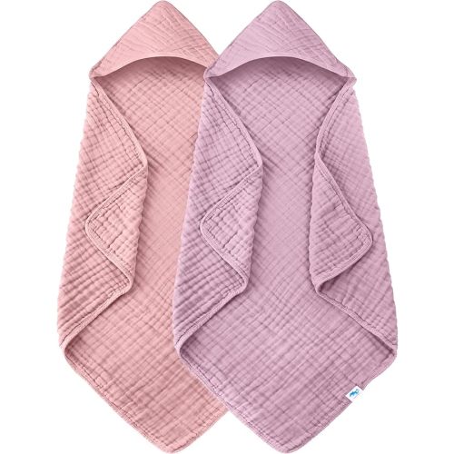 SWEET DOLPHIN Muslin Hooded Baby Bath Towels - 2 Pack 100% Cotton Towel for Babies, Infants, Toddlers - 32x32Inch - Highly Absorbent and Newborn Essential, Light Sakura