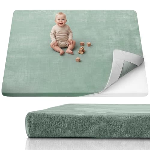 Blissful Diary 1.3" Thick Baby Play Mat, 71x59 Playpen Mat with Removable & Washable Cover, Ultra Soft Crawling Rug for Floor, Foam Cushion & Non-Slip Backing for Kid, Toddler and Infant, Sage Green