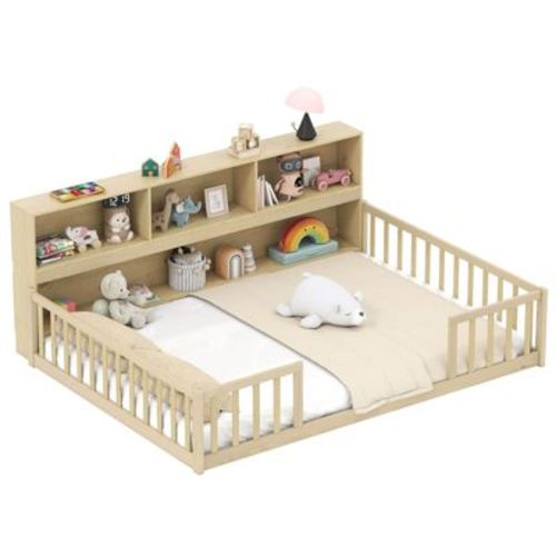 Costway Full Size Montessori Floor Bed with Bookcase Storage Shelves & Safety Fence Rails Pink/Natural/White/Gray