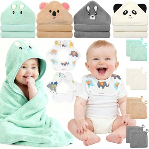 14 Pcs Baby Towels Washcloths and Baby Bibs Set, 4 Pcs 32x32 Hooded Bath Towel, 8 Pcs Baby Washcloths and 2 Pcs Cotton Baby Bibs for Newborns, Toddlers and Kids, Soft Baby Towel Set for Boys and Girls