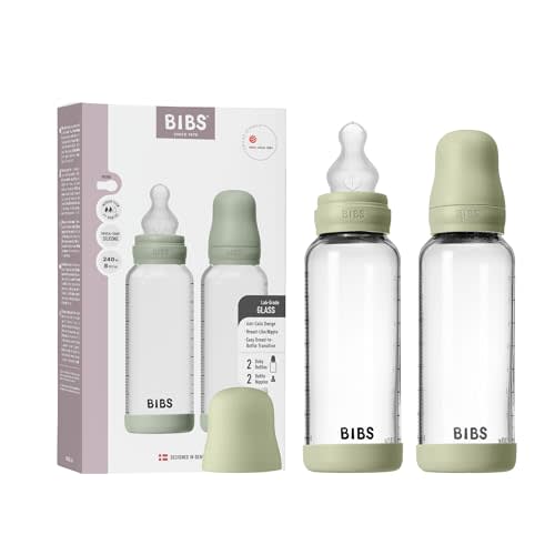 BIBS Glass Baby Bottle, 240 ml, 2-Pack, Silicone Nipple, Sage | Anti-Colic | Medium Flow | Supports Breastfeeding | Made in Denmark | Familiar BIBS Nipple