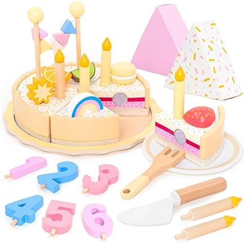 UMU® Wooden Birthday Cake Playset – Pretend Kitchen Toy with Candles Numbers Fruits & Toppings – Wooden Play Food for Kids Ages 3 4 5 – Role Play Party Toy for Girls & Boys