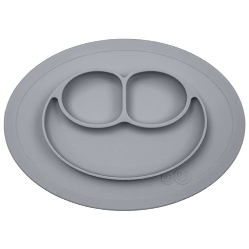 ez pz Mini Mat (Gray) - 100% Silicone Suction Plate with Built-in Placemat for Infants + Toddlers - First Foods + Self-Feeding - Comes with a Reusable Travel Bag
