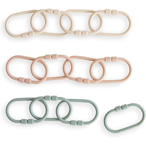 mushie Baby Chain Link Rings Toy 12-Count | Multiuse Car Seat Stroller Connecting Toy (Shifting Sand, Blush, Cambridge Blue)
