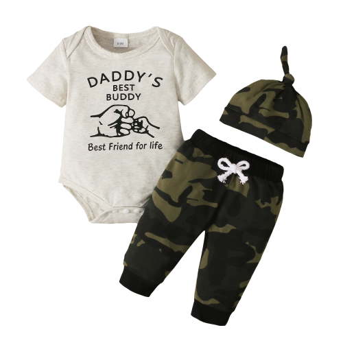 KIMI BEAR Infant Boys Outfits 3 Months Infant Boy Spring Summer Outfits 6 Months Infant Boy Daddy's Best Buddy Letter Short Sleeve Cozy Romper Tops + Camouflage Pants + Hat 3PCS Set Yellow