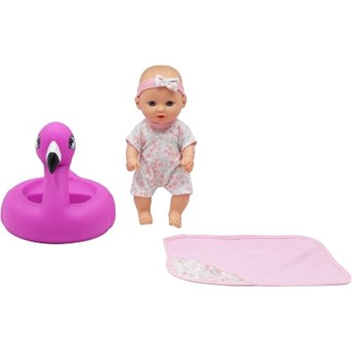 Dream Collection: 10" Bath Time Baby Doll & Flamingo Floatie Set - Onesie Outfit & Headband, Swaddle Blanket Towel, Hard Body, Water Play Toy, Kids 2+