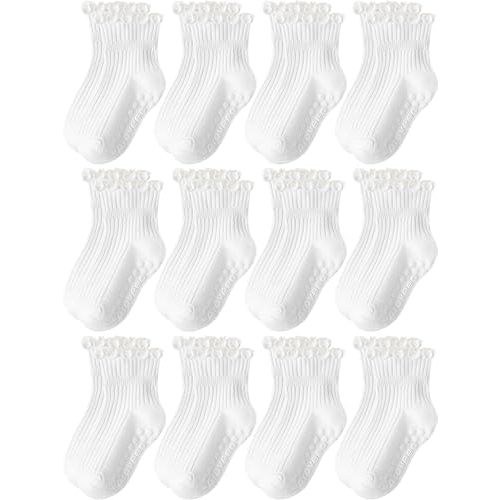Aroveea Baby Toddler Girls Socks Grip Ruffle Non Slip Girls Cotton 12 Pack Socks for Kids Cute Ankle 6M-7Years