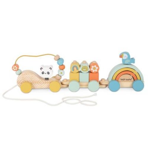 SARO Wooden Multi-Activity Wild Party Train – Pull-Along Toy with Stacking Blocks , Educational Toy for Toddlers for Fine Motor Skills