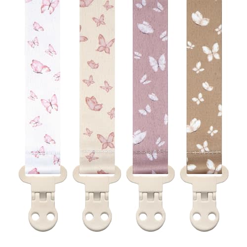 Stadela Baby Pacifier Clip Holder - Girl or Boy Unisex 4 Pack Gift Set – Blush Pink and Beige Butterflies (Anabella)