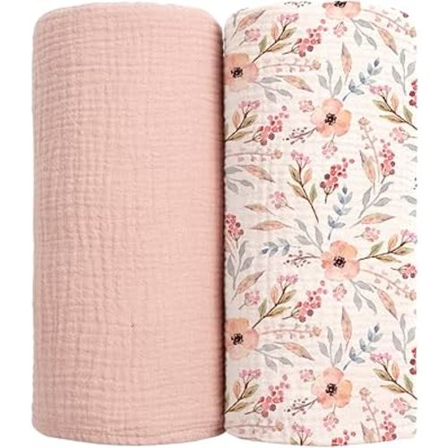 lulumoon Muslin Swaddle Blankets for Baby: Soft Cotton Newborn Receiving Blankets - Floral Print Nursery Gift Set for Baby Girls(Pink Flower)
