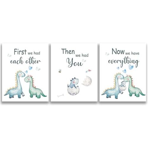 SUUURA-OO Cute Baby Dinosaur Watercolor Art Print poster, Set of 3 (8”X10”) Balloon Dinosaur Family Love Quote Wall Art Poster, Living Room Bedroom Home Decor Nursery Art Printing,Unframed (boy)