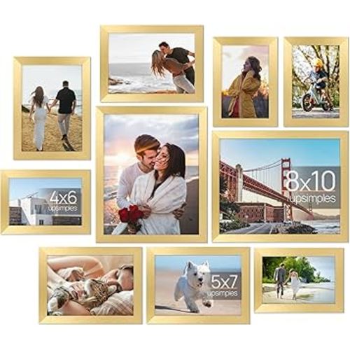 upsimples 10 Pack Picture Frames Collage Wall Decor for Mounting or Tabletop Display, Photo Gallery Frame Set for Family, Multi Sizes Including 8x10, 5x7, 4x6, Gold