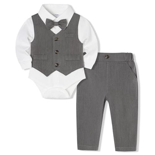 Baby Boy Suit Set Infant Tuxedo Boys Formal Outfit | Soft Cotton Shirt Vest Pants Bow Tie, For Wedding Baptism Birthday Party