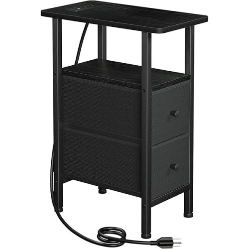 LOAKEKEL Narrow End Table with Charging Station, Small Nightstand