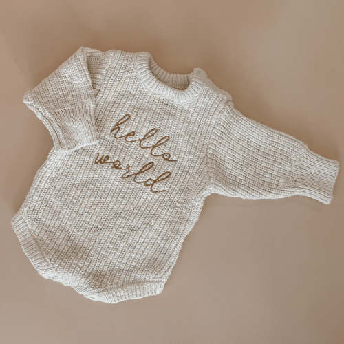 PRE ORDER - 'Hello World' Chunky Knit Romper - Honey - Est Dispatch Early Nov
