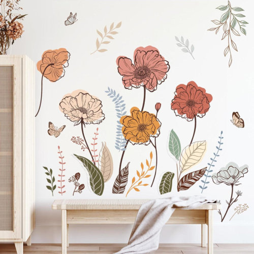 Winston Porter Boho Flower Wall Stickers Wildflower Floral Grass Peel And Stick Wall Art Decals For Living Room Bedroom TV Wall | Wayfair