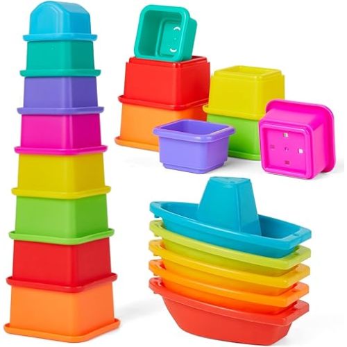 Bath Toys for Kids Ages 1-3-5, 13 PCS Toddler Bath Toys for 2-4 Bathtub Water Table Pool Toys Rainbow Floating Boats with Baby Stacking Cups for Babies 6-12 Months Early Learning Educational Gifts