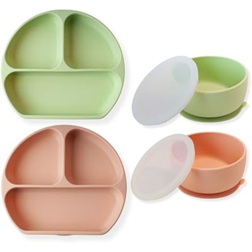 Ensemble d'assiettes et bols à ventouse en silicone, paquet de 4, 2 assiettes, 2 bols, ensemble d'alimentation essentiels pour bébé en silicone, vaisselle pour bébé/tout-petit, compatible micro-ondes