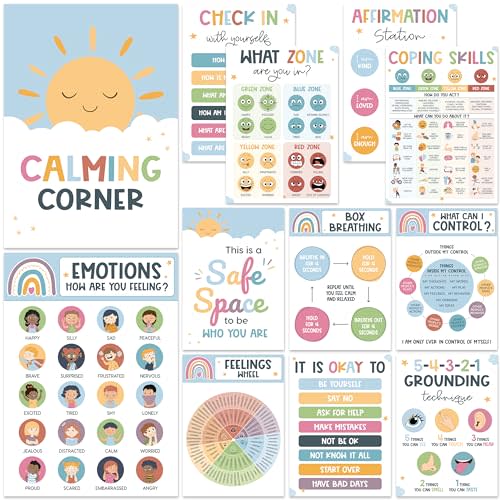 BEAWART Calming Corner Classroom Posters, 12 Pack Boho Emotions Chart | Feelings Wheel for Kids & Teachers, Calm Down Corner Supplies, Therapy Office Decor, Mental Health Decorations Preschool