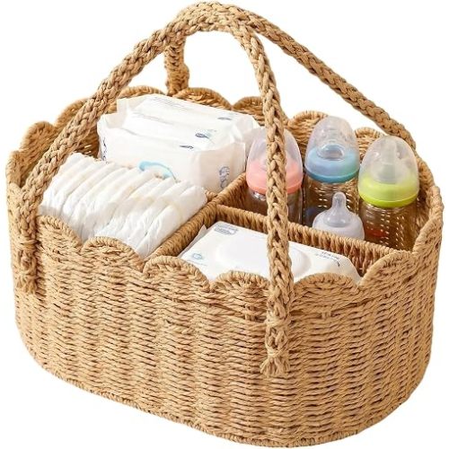 Woven Diaper Caddy for Baby, Paper Rope Storage Bin with Removable Divider, Baby Stuff Organizer for Nursery, Portable Car Storage Basket for Diapers, Baby Shower Gifts, Newborn Essentials Must Haves