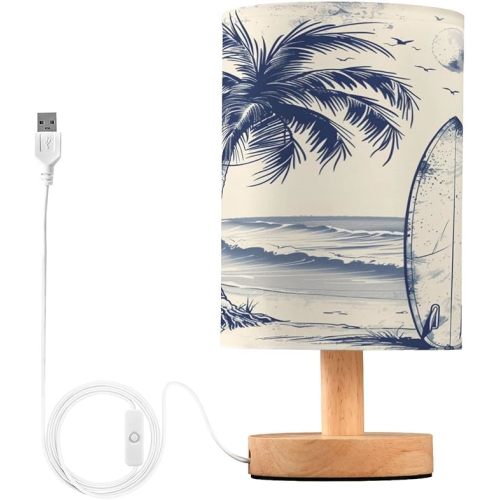Surfboard and Beach Table Lamp Bedside with USB Ports Nightstand Lamps with Fabric Lampshade for Reading, Bedroom, Living Room Home Office