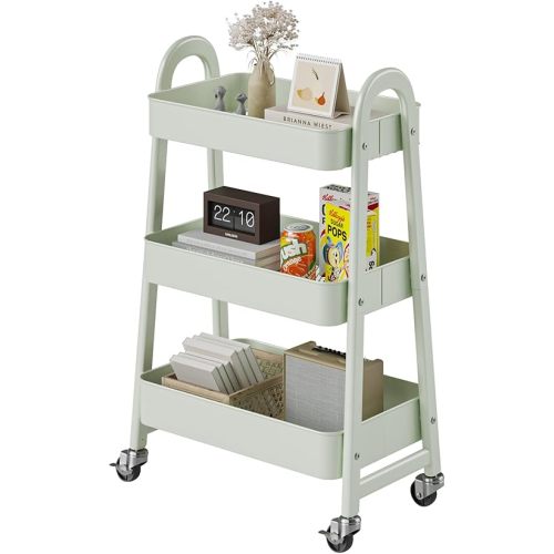 DUMOS 3 Tiers Metal Rolling Utility Cart with Lockable Wheels, Mobile Storage Organizer, Utility Shelving Unit for Kitchen, Office, Bathroom, Laundry, Narrow Places, Light Green