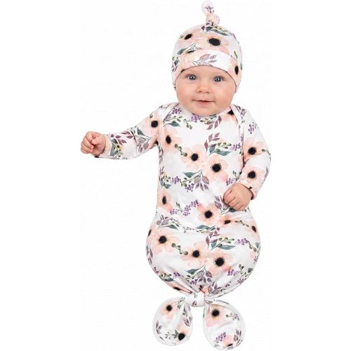 Baby Gown 0-6 Months, Soft Knotted Newborn Nightgowns for Girl, Long Sleever Infant Gowns with Hand Mittens and Hat, Perfect Baby Hospital Coming Home Outfit