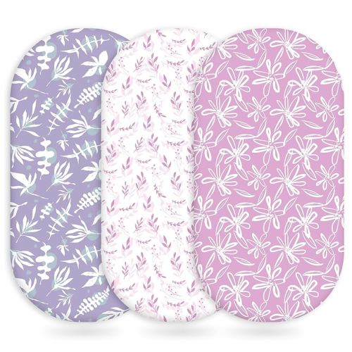 Baby Bassinet Sheets Girl Boy, Fitted Bassinet Sheet Set 3 Pack Bassinet Mattress Sheets Universal Fit for Rectangle, Round, Oval, Hourglass Mattress, Soft Breathable Purple Leaf