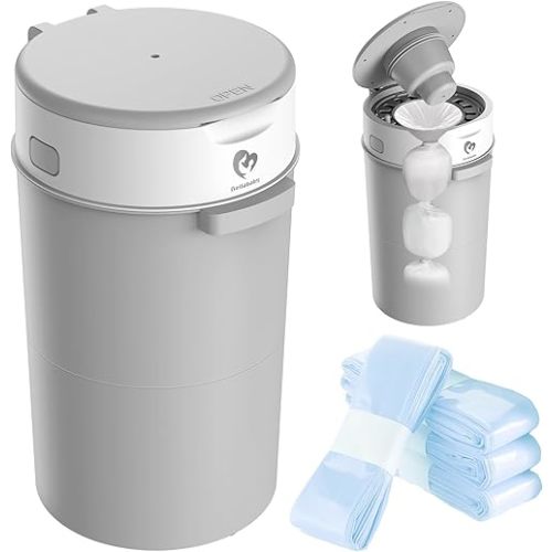 Bellababy Diaper Pail, Upgrade Baby Diaper Bin with Double Odor Locking, Includes 4 Refills (270 inches/pcs), Compact Design for Nursery,Gray