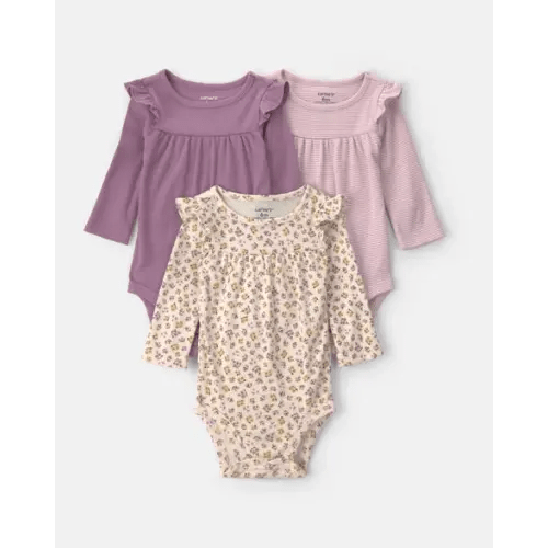 Baby Girl 3-Pack Floral Long-Sleeve Multipack Bodysuits - Purple | Carter's