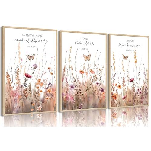 3pcs Bible Wildflower Wall Art Bible Verse Floral Pictures Wall Decor Christian Nursery Painting Prints Boho Wildflower Pictures Vintage Flower Canvas Posters for Girls Room Living Room Unframed