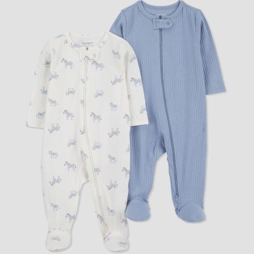 Carter's Just One You® Baby Boys' 2pk Zebra Sleep N' Play - Blue/Ivory Newborn: Footed Pajamas,