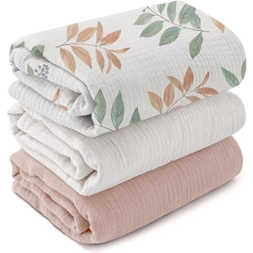 Muslin Swaddle Blankets for Newborn, 3 Pack Breathable Soft Receiving Blanket, Large 38 x 40 inches Swaddle Wrap Burping Clothes Diapers, Essentials Infant Shower Items, Toddler Gift (Gentle Colors)