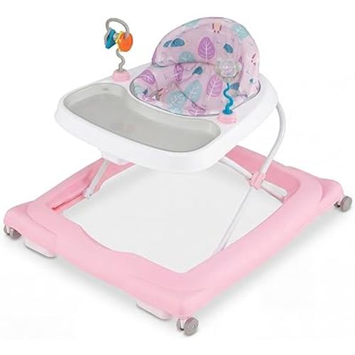 BABY JOY Baby Walker, Foldable Activity Walker with Adjustable Height, Large Tray & Removable Toys, Baby Walker with Wheels for Boys Girls 6-12 Months (Pink)