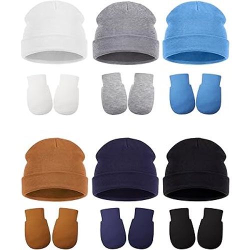 Geyoga 12 Pieces Newborn Hat Mittens Gloves Set Baby Boys Girls Cotton Baby Beanie for 0-12 Months
