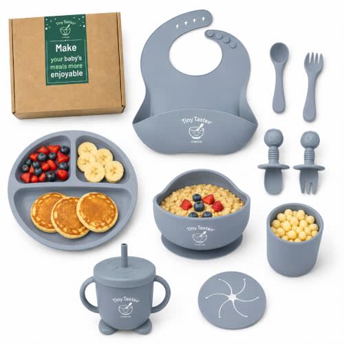 10-Piece Silicone Baby Feeding Set – Baby Led Weaning Supplies with Suction Plate & Bowl, Adjustable Bib, Snack Cup, Spoons & Fork, BPA-Free Baby Feeding Essentials for Toddlers