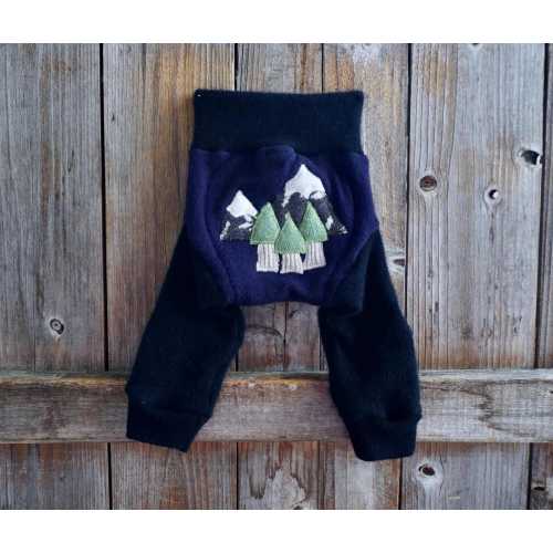 Upcycled Cashmere Longies Soaker Cover Diaper Cover With Added Doubler Purple / Black With Mountains Applique & Knee Pads SMALL 3-6 Months