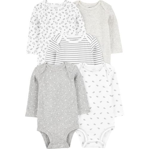 Simple Joys by Carter's Unisex Babies' Long-Sleeve Bodysuit, Pack of 5, Grey/White, 0-3 Months