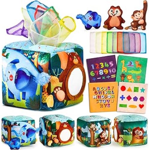 Baby Toys 6-12 Months - Baby Tissue Box Toy for 6 9 12 18 Months Old Montessori Sensory Toys for 1 Year Old Boy Infant Scarf Toy with Crinkle Tissues & Fine Motor One Year Old Boy Birthday Gifts