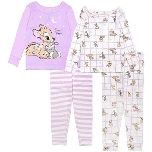 Disney Girls' 4-Piece Snug-fit Cotton Matching Pajama Set, Soft & Cute for Kids
