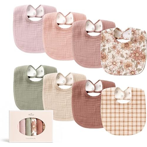 Konssy 8-Pack Muslin Baby Bibs, Adjustable Fit for Drooling and Teething