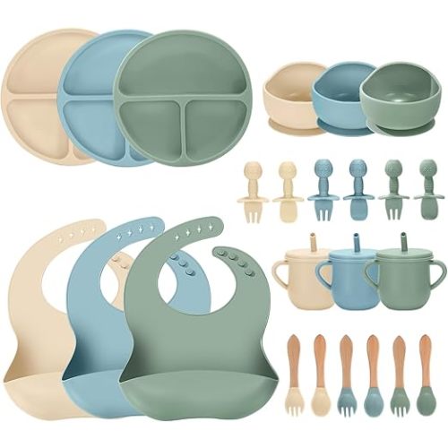 24 PCS Silicone Baby Feeding Set, Baby Led Weaning Supplies Includes Suction Bowls and Divided Plates, Adjustable Silicone Bib, Spoons&forks, Training cup with straw (Green+Blue+Beige)